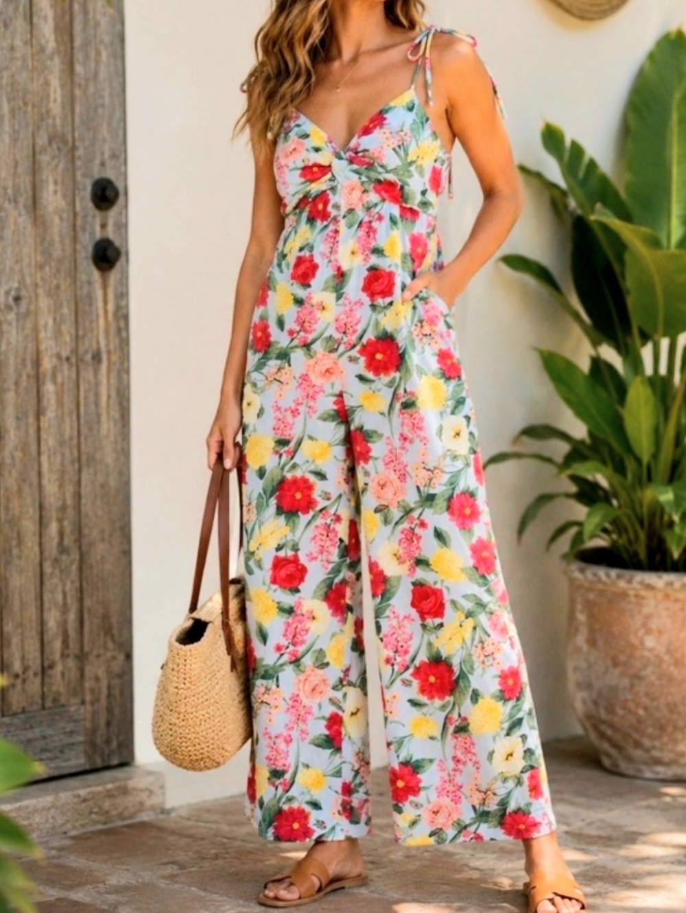 Old Navy Floral Jumpsuit Linen Blend Tie Straps Smocked Back Wide-Leg Boho Beach